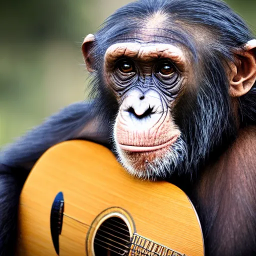 Prompt: chimpanzee with long brown human hair, long face, playing acoustic guitar