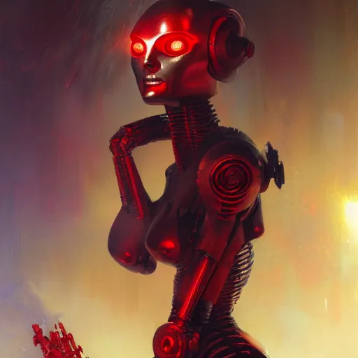 Prompt: attractive demon queen with red eyes as an i robot, painting by gaston bussiere, craig mullins, luis rollo, digital painting, highly detailed, artstation, sharp focus, illustration, concept art, hd