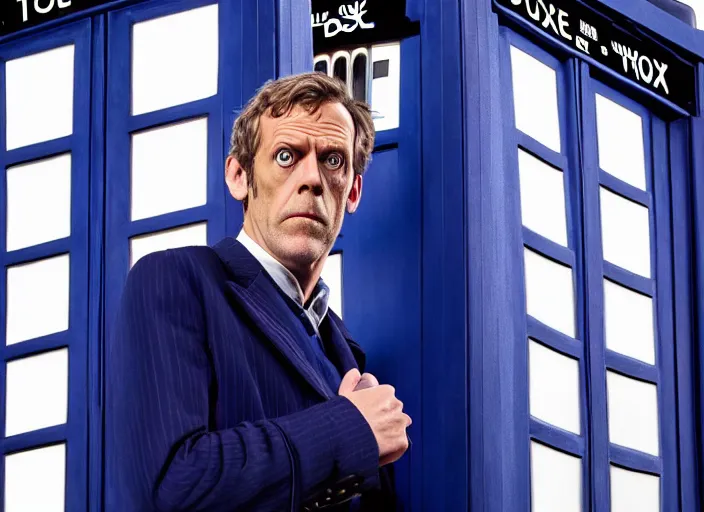 Image similar to film still of hugh laurie as doctor who in the tardis in the new doctor who series, 4 k