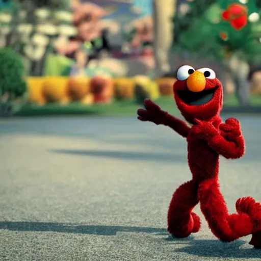 Image similar to stunning, coherent, impressive, detailed still of black a family beating up (elmo) in a fantasy dream world park, follow shot, 3d, in the style of pixar, comic book style, 3d, highly detailed, sharp focus, bokeh, depth of field, 16k resolution, Unreal Engine 5, coherent, cinematic lighting, photorealistic, by Zhang Jingna