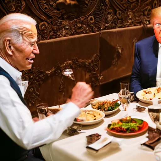 Image similar to Trump and Biden having dinner at a fancy Balinese restaurant, award winning photography, 85mm, perfect faces