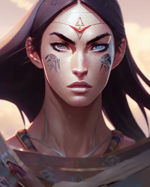 Image similar to azctec warrior, megan fox, detailed perfect face, exquisite details, fire magic, mid view, design on a white background, by studio muti, greg rutkowski makoto shinkai takashi takeuchi studio ghibli