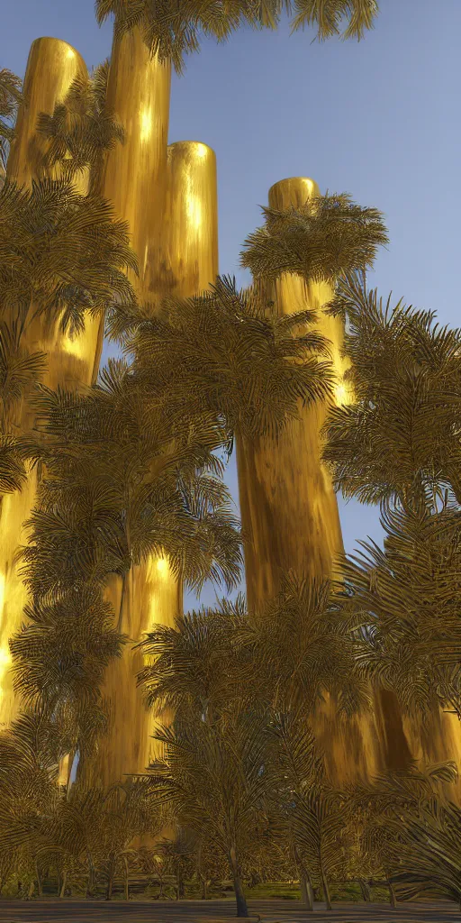 Prompt: eye level view of a contemporary golden detailed babylon tower, fantasy, golden hour, photorealism, arid mountains and palm forest, unreal engine