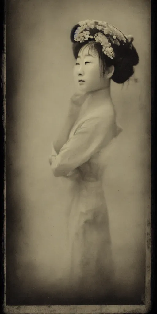 Prompt: a wet plate photography of a young asiatic young woman, geisha, photorealistic, cinematic light, highly detailed, shallow depth of field