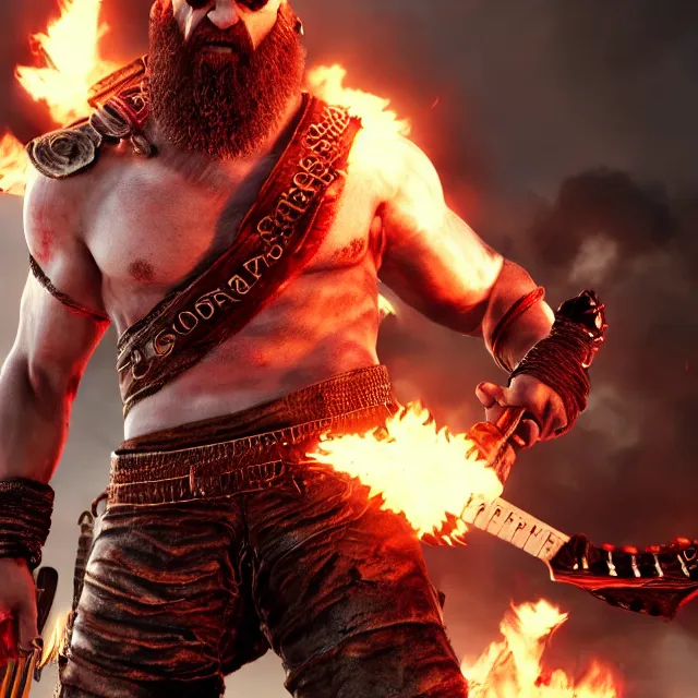 Prompt: sunglasses wearing kratos rocking out on a flaming stratocaster guitar, cinematic render, god of war 2 0 1 8, playstation studios official media, sunglasses