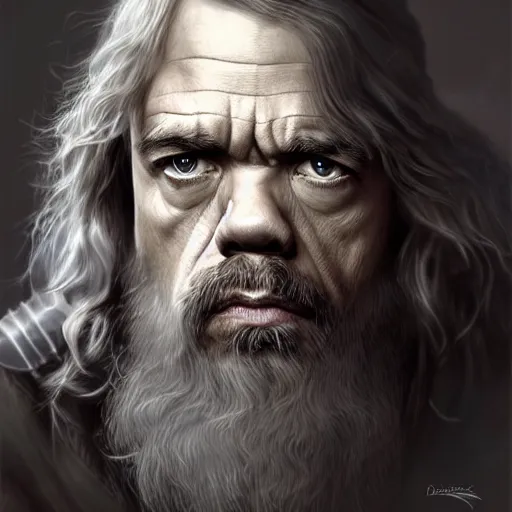 Image similar to peter dinklage as gandalf, digital painting, extremely detailed, 4 k, intricate, brush strokes, mark arian, artgerm, bastien lecouffe - deharme