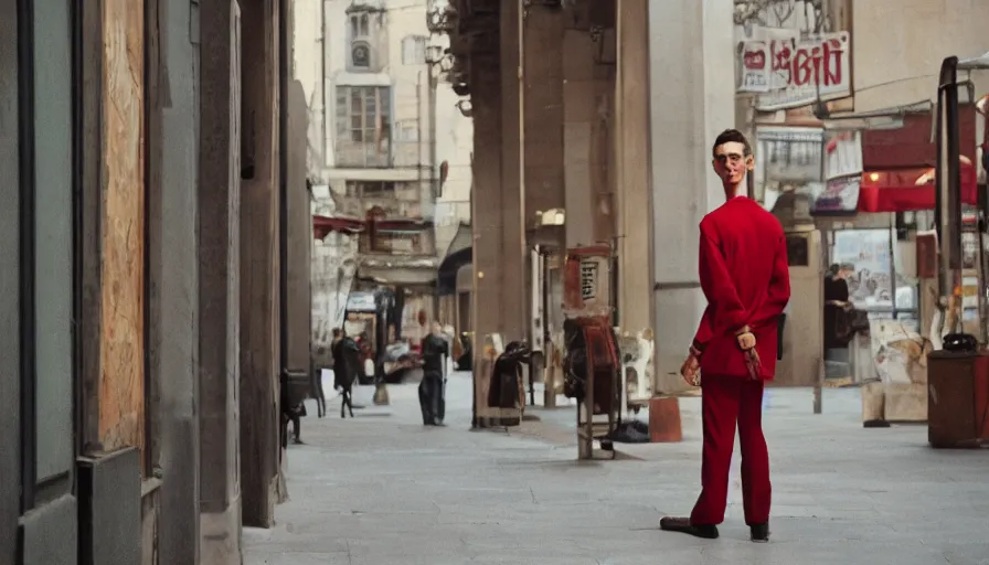 Prompt: a skinny man in red drapery in an antic city, cinestill 8 0 0 t eastmancolor technicolor, high quality, very detailed, heavy grain, fine facial features, 8 k, octane render, unreal engine