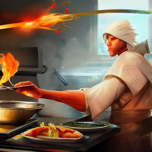 Image similar to Raiden Shogun cooking food, digital art, artstation, 4k, trending