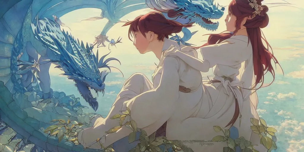 Image similar to the girl and the magic dragon. anime visual, early in the morning. by hayao miyazaki and rossdraws and artgerm and greg rutkowski and alphonse mucha. anime production by studio ghibli. high quality, stunning, intricate detailed environment. 8 k