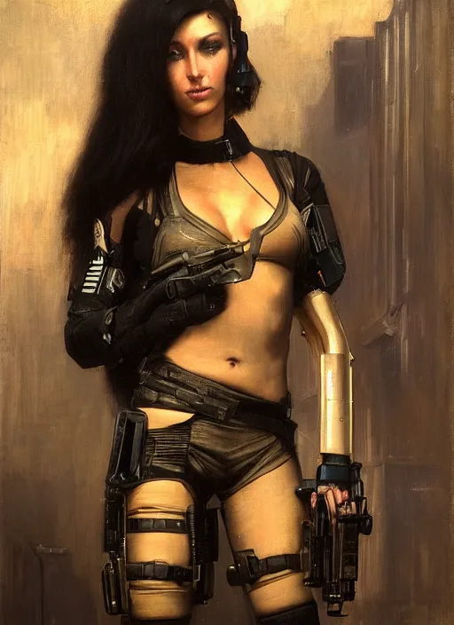 Image similar to Beautiful Juliana. beautiful female cyberpunk Blackops commander wearing a military vest and military stealthsuit (cyberpunk 2077, Blade Runner 2049). gorgeous face. African woman. Orientalist portrait by john william waterhouse and Edwin Longsden Long and Theodore Ralli and Nasreddine Dinet, oil on canvas. Cinematic, hyper realism, realistic proportions, dramatic lighting, high detail 4k