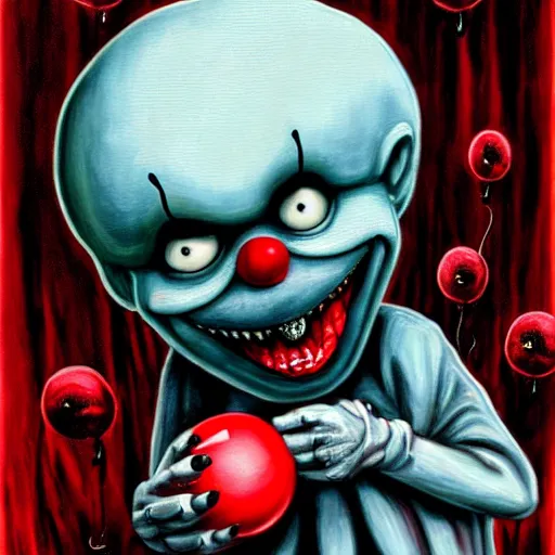 Image similar to grunge painting of elmo with a wide smile and a red balloon by chris leib, loony toons style, pennywise style, corpse bride style, horror theme, detailed, elegant, intricate