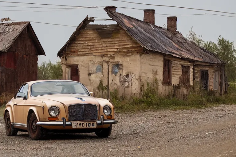 Prompt: rusty Bentley Continental GT drives along the road of an old Russian village with houses at the edges