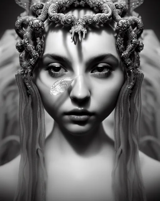 Image similar to mythical dreamy underwater black and white photo of a translucent beautiful young female angelic - medusa - vegetal - doll, highly detailed, intricate crystal ivy jelly ornate, poetic, translucent algae ornate, digital art, octane render, 8 k artistic photography, photo - realistic, hg giger