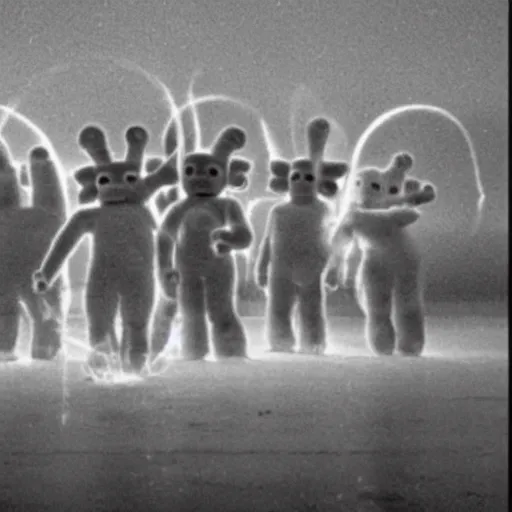 Image similar to A grainy surveillance photo of a cult of Teletubbies sacrificing a brine shrimp to Odin, the Norse god.