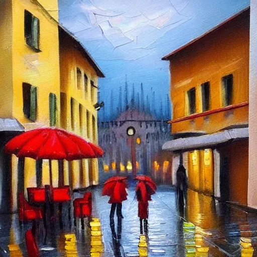 Image similar to drinking coffe in the rain, oil paiting, italian city