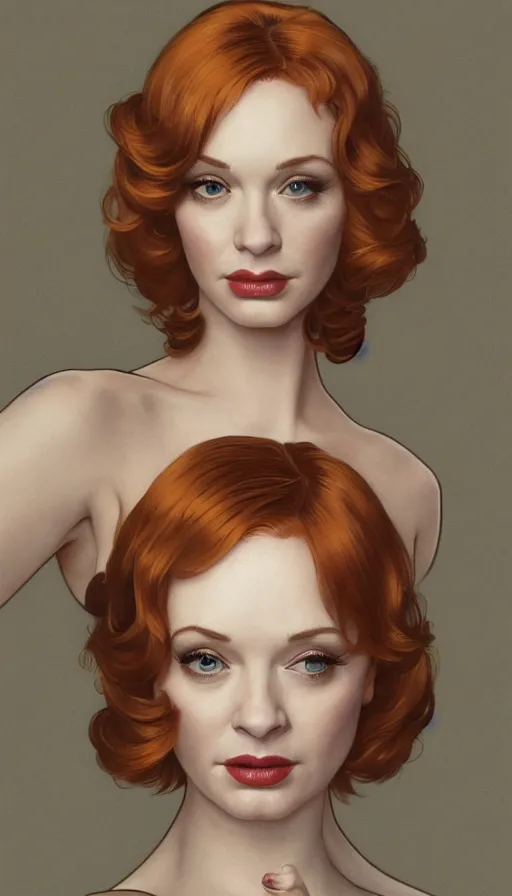 Image similar to Angel, perfectly-centered-painting of young Christina Hendricks in Mad Men looking at the camera, hands behind her back, sweaty, dynamic action pose, insane, intricate, highly detailed, digital painting, artstation, concept art, smooth, sharp focus, illustration, Unreal Engine 5, 8K, art by artgerm and greg rutkowski and alphonse mucha