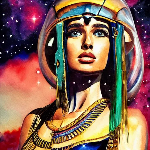 Prompt: cleopatra in space. watercolor. dramatic. amazing painting. formal. beautiful. high resolution. highly realistic. close - up. trending on artstation