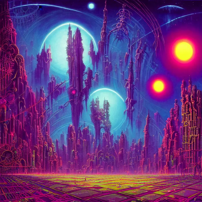 Image similar to mysterious astral city at night, glowing orbs, infinite sky, synthwave, bright neon colors, highly detailed, cinematic, tim white, philippe druillet, roger dean, ernst haeckel, lisa frank, michael whelan, kubrick, kimura, isono