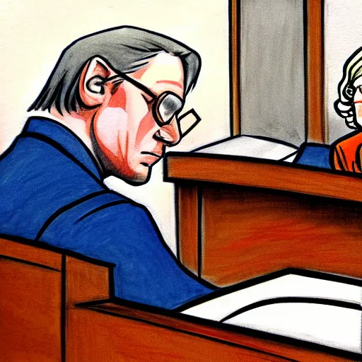 Prompt: [ ridiculous courtroom scene drawn by marilyn church ]