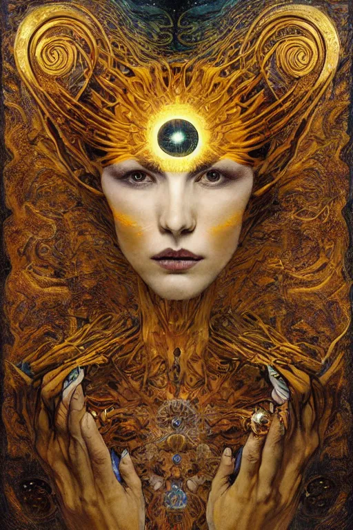 Image similar to Intermittent Chance of Chaos Muse by Karol Bak, Jean Deville, Gustav Klimt, and Vincent Van Gogh, enigma, destiny, fate, unearthly gears, otherworldly, fractal structures, arcane, prophecy, ornate gilded medieval icon, third eye, spirals