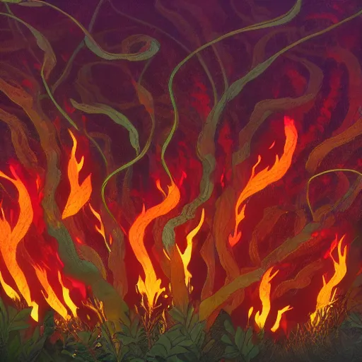 Prompt: A flaming forest , flaming leaves,Magma,flame stones are scattered, flame ferns, flame shrubs, huge flame Fantasy plant,covered in flame porcelain vine,artstation