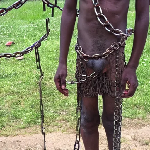 Prompt: a slave with chains looking to the camera.