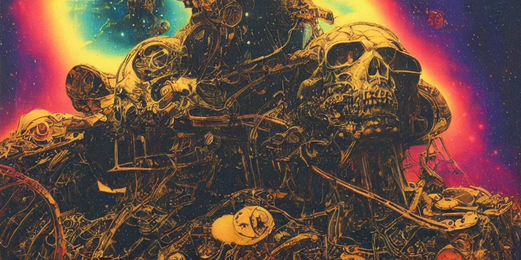 Prompt: a psychedelic cosmonaut skeleton melting tearing his suit off, rainbow melting color scheme, floating in the cosmos nebula, glass space helmet, in front of a destroyed retrofuturism spaceship covered in old technology, Beksinski, Greg Hildebrandt, 8k highly detailed ❤️‍🔥 🔥 💀 🤖 🚀