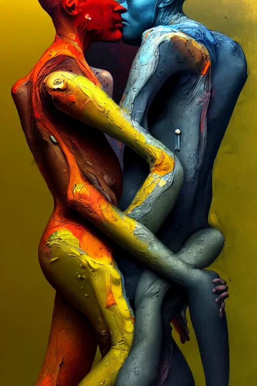 Image similar to a strange biomorphic painting of two humanoid figures entwined as one being, in the style of adrian ghenie in the style of charlie immer, part by gerhard richter, highly detailed, dramatic, emotionally evoking, head in focus, volumetric lighting, oil painting, masterpiece, octane render