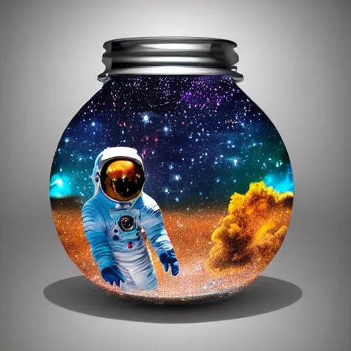 Image similar to 3d art of an astronaut in a jar, surrounded by colorful stars, extremely detailed