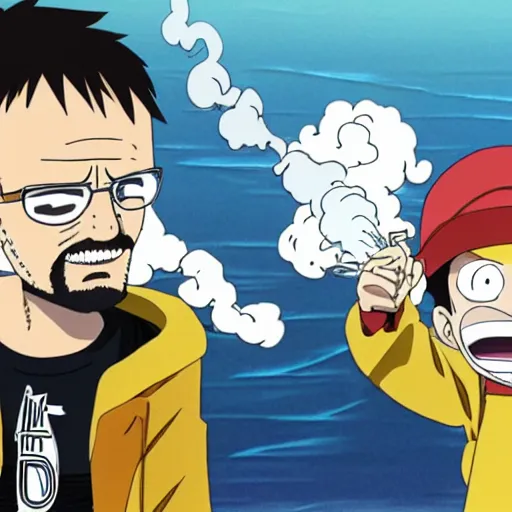 Image similar to walter white smoking a joint with jesse pinkman, in One Piece Anime Series, 4k Resolution.