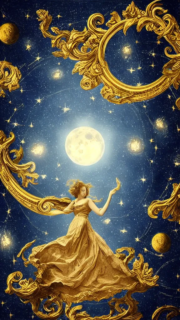 Prompt: sky in a starry night with glowing meteor showers, ascension of a woman decomposing and dissolving into moon, dark - blue black gold beige saturated, ornate baroque rococo art nouveau intricate detail, 3 d specular lighting, cinematic, blur