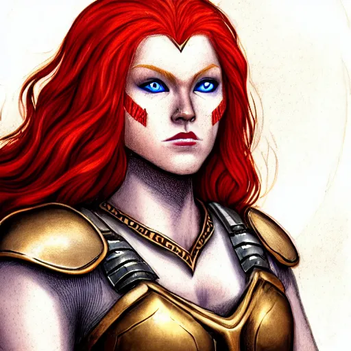 Image similar to A portrait of a beautiful redhead valkyrie as a D&D character, realistic, smooth skin, symmetrical, golden ration