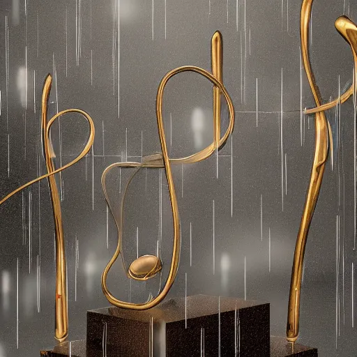 Image similar to a polished bronze sculpture of music notation, three quater notes, art installation, cinematic light, rain, 8 k, unreal render, reflections,