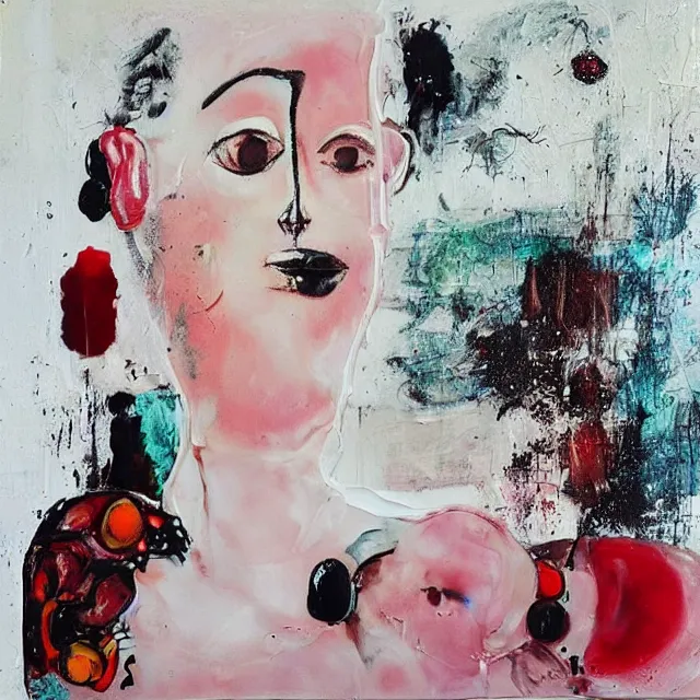 Image similar to “ a portrait in a female art student ’ s apartment, sensual, a pig theme, pork, pottery supplies, pottery work in progress, a candle dripping white wax, pottery glaze, squashed berries, berry juice drips, acrylic and spray paint and oilstick on canvas, surrealism, neoexpressionism ”