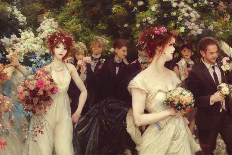 Image similar to the groom look at the bride at a wedding full of flowers, bright and happy, dreamlike art, highly detail, 4 k realistic, wedding photoy krenz cushart, artem demura, yoji shinkawa artgerm, jon lothian, danilo torres. adi meyers. thomas reimann. gaston bussiere.