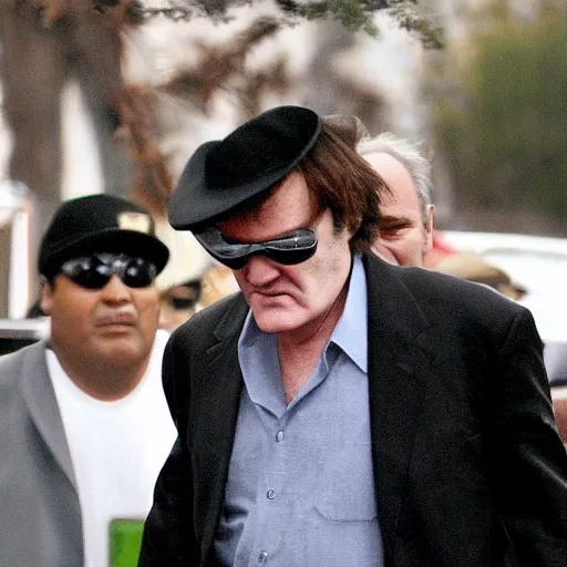 Prompt: quentin tarantino at a funeral, wearing a yarmulke, paparazzi