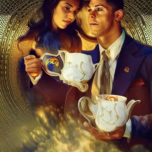 Prompt: Portrait of lionel messi and christiano ronaldo drinking tea in heaven, fantasy, intricate, elegant, highly detailed, digital painting, artstation, concept art, smooth, sharp focus, illustration, art by artgerm and greg rutkowski and alphonse mucha