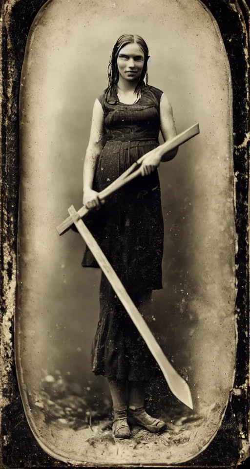 Image similar to a highly detailed wet plate photograph, a portrait of a beautiful young woman holding a pickaxe