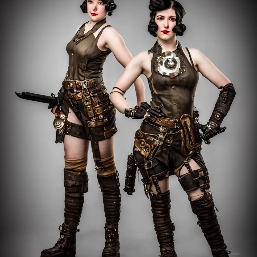 Image similar to full length photo of a very beautiful female dieselpunk warrior, 8 k, hdr, smooth, sharp focus, high resolution, award - winning photo