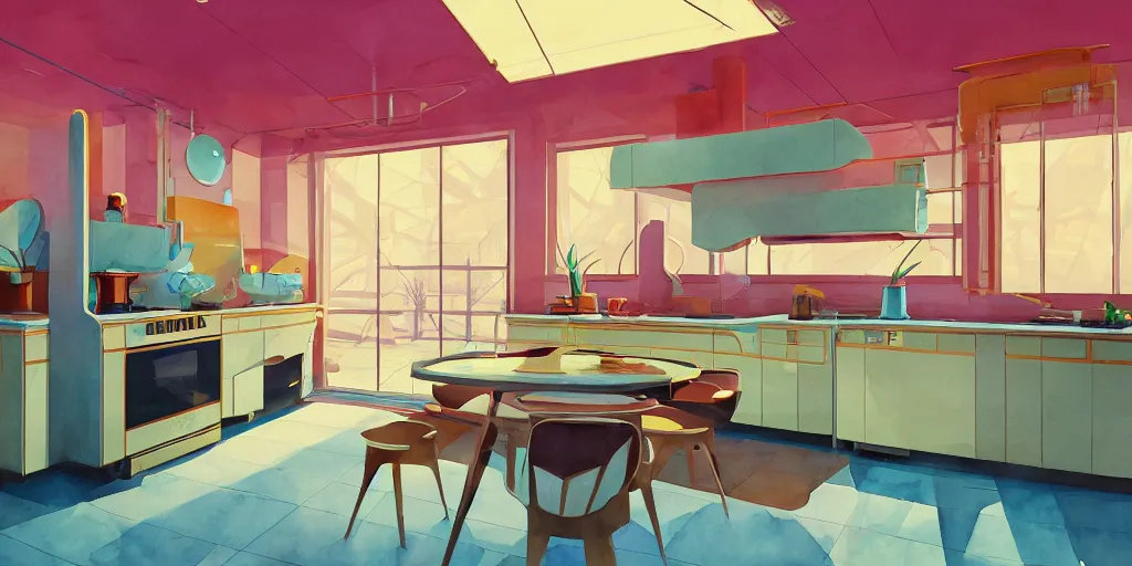 Image similar to a beautiful illustration of futuristic kitchen, lots of furniture, big medium small, sacred geometry, golden ratio, in watercolor gouache detailed paintings, in style of syd mead, trending on artstation, 8 k, panel, hard surface, wallpaper, zaha hadid, scattered props, plant, cozy, decoration, simon stalenhag, wes anderson