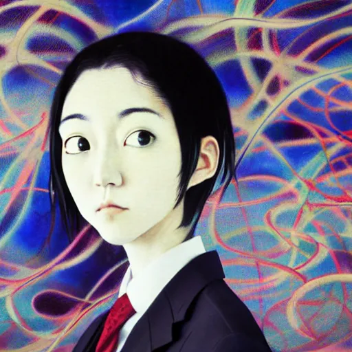 Image similar to yoshitaka amano blurred and dreamy realistic three quarter angle portrait of a young woman with short hair and black eyes wearing office suit with tie, junji ito abstract patterns in the background, satoshi kon anime, noisy film grain effect, highly detailed, renaissance oil painting, weird portrait angle, blurred lost edges