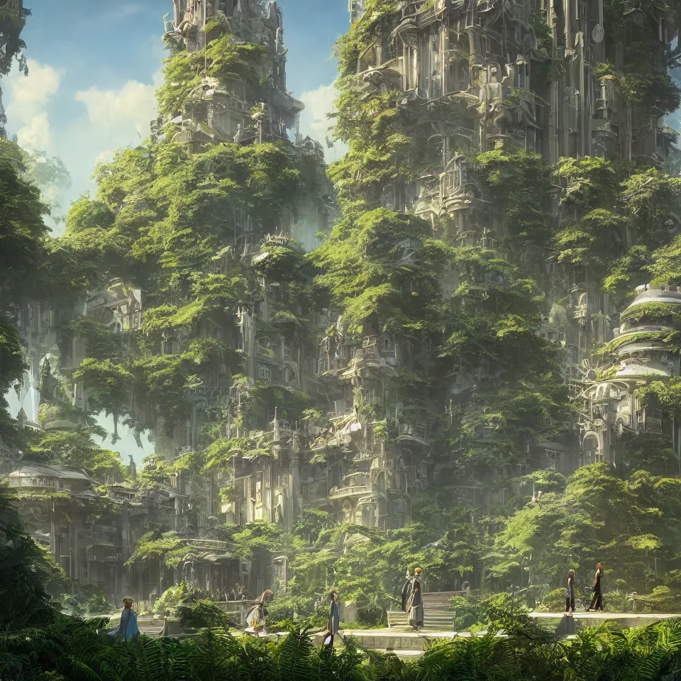 Image similar to A Luxury Monumental Futuristic Castle in Art Nouveau Architecture, movie concept art, Breath of the wilde, studio ghibli style, Lush vegetation with ferns, miyazaki, Craig Mullins dappled lighting, octane render, cinematic, photographic, realistic, highly detailed