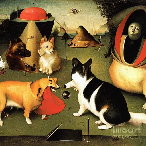 Image similar to highly detailed surreal painting of corgis by hieronymus bosch