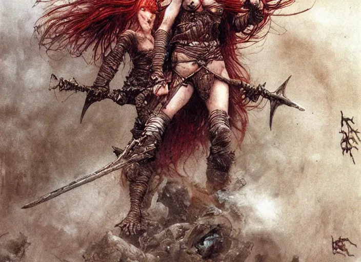 Image similar to redhead barbarian girl fighting small cute goblins by Luis Royo and Beksinski