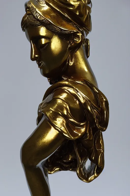 Image similar to mnemosine goddess statue sculpted in polished chinese porcelain with gold foils covering his head, made by antonio corradini, ultrarealistic, detailed, 8 k