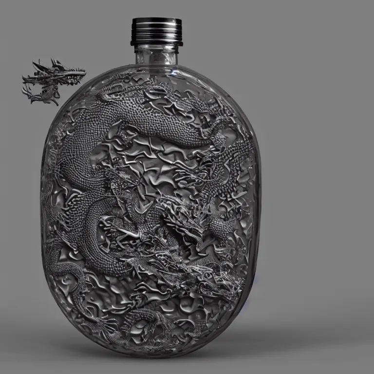 Prompt: transparent ancient boar flask with a dragon, raytracing, orthographic 3d rendering, octane render