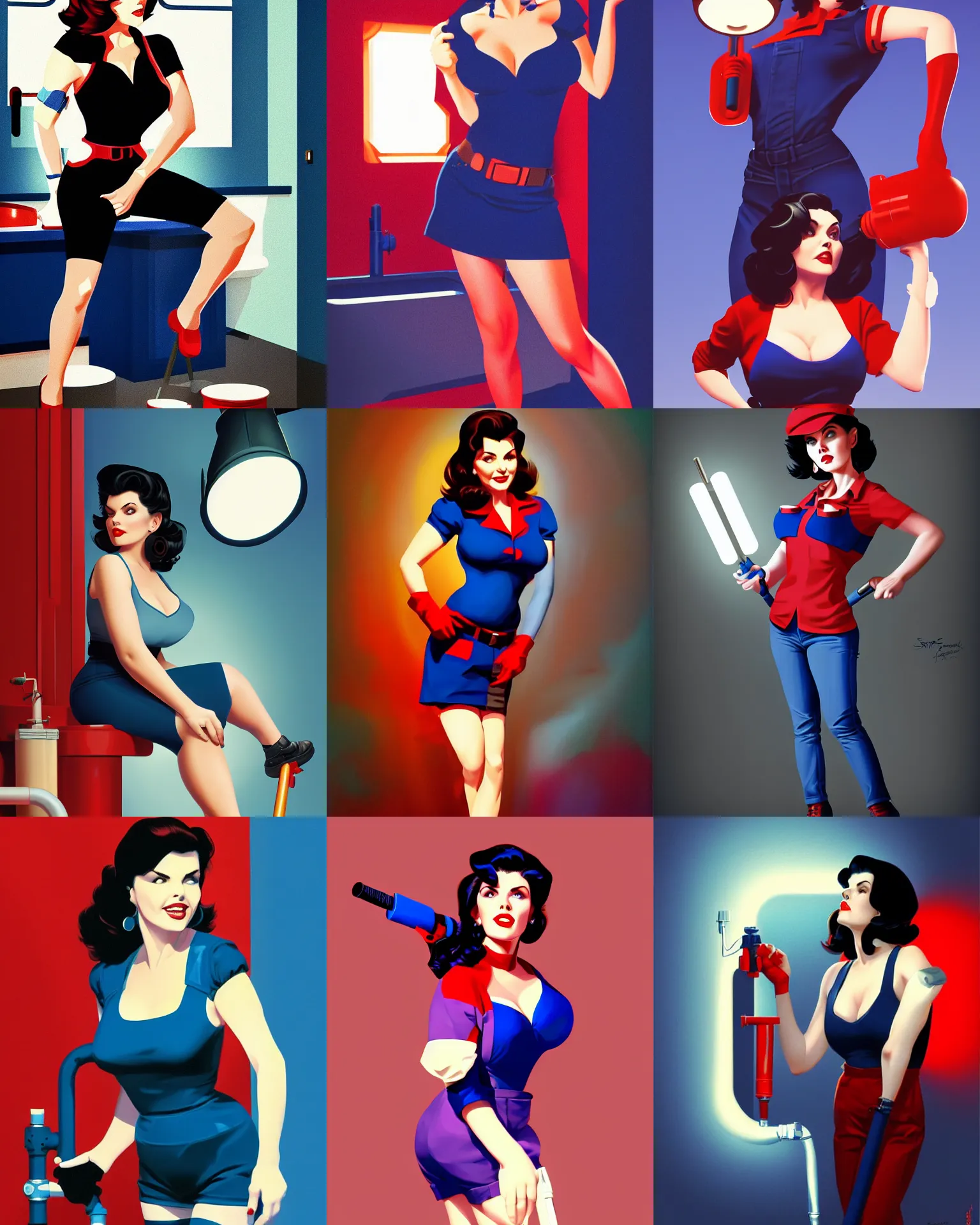 Prompt: sherilyn fenn working as a plumber, by stanley artgerm, dramatic lighting, ilya kuvshinov, trending on artstation, flat colour, geometric curves, gradient filter, red and blue black light