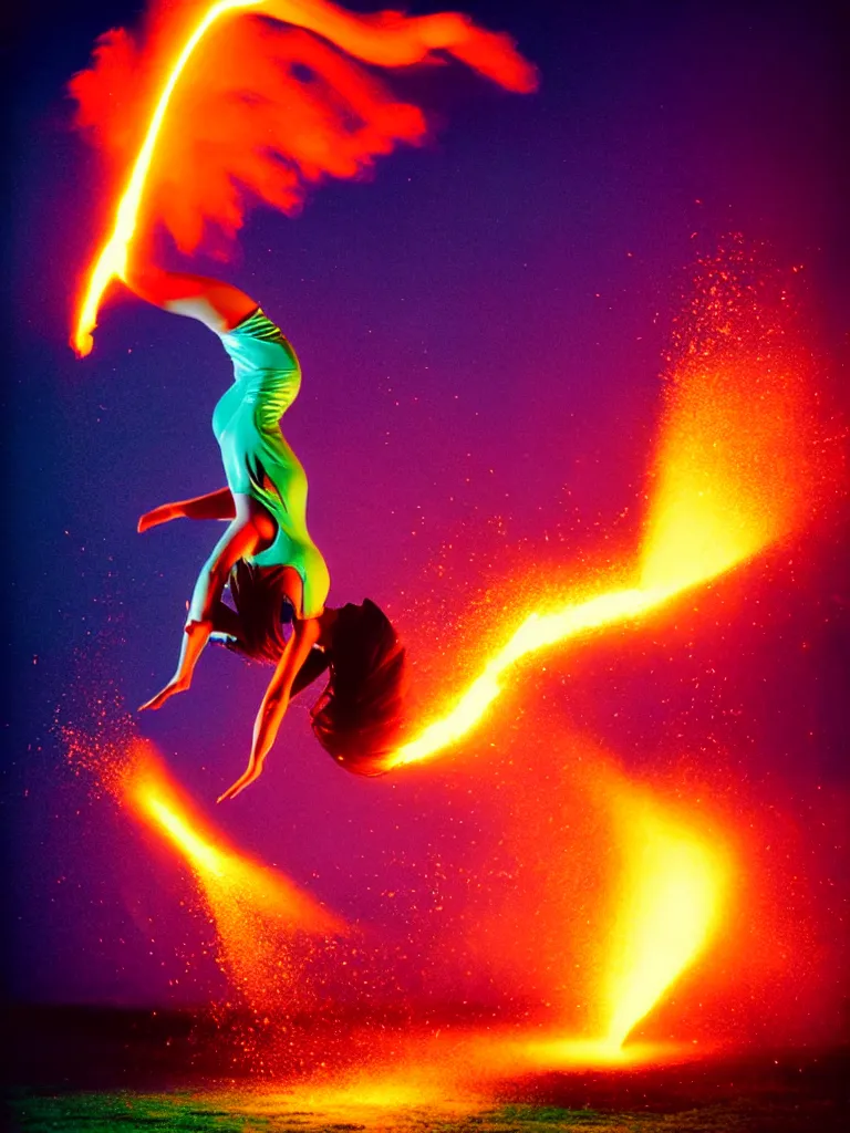 Prompt: a perfect colorised portrait photograph of a backflip woman, erupting in every direction, jets of glowing effluent and metallic chunks.