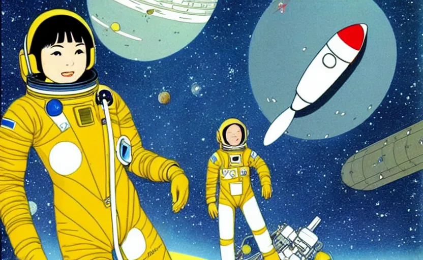 Image similar to yoko tsuno a female astronaut in jaxa yellow spacesuit floating in a scenic space environment next to spaceship, moebius