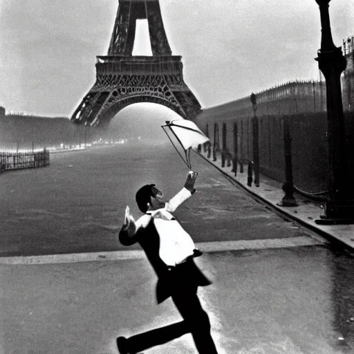 Prompt: the man leaping with umbrella before the eiffel tower, by henri cartier bresson,